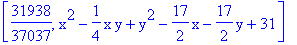 [31938/37037, x^2-1/4*x*y+y^2-17/2*x-17/2*y+31]